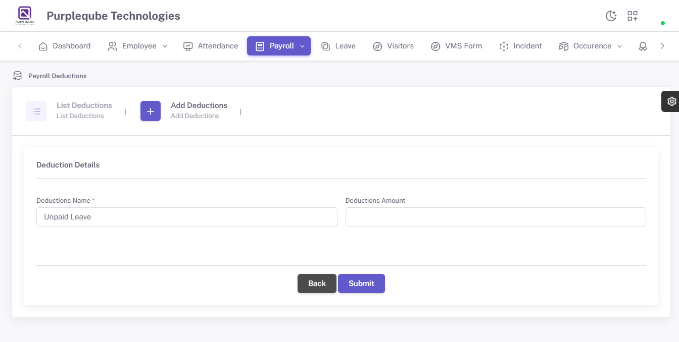 Add Deductions form showing Deduction Details section with Deductions Name and Deductions Amount input fields